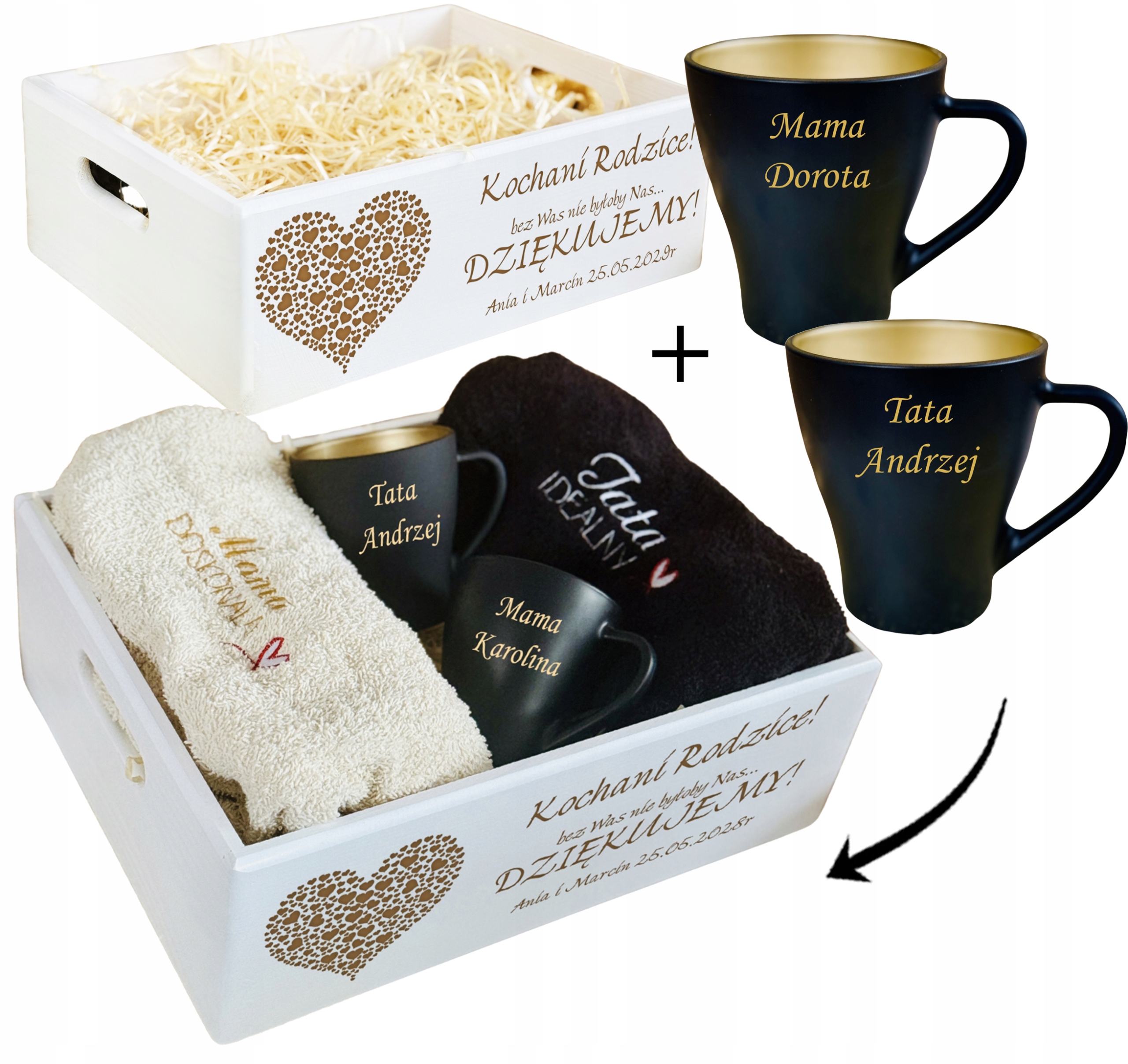 ZESTAW dla RODZICÓW prezent BIAŁA SKRZYNIA XXL + ręczniki i kubki czarne