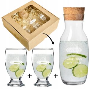 Dzbanek z korkiem + 2 szklanki ZESTAW reklamowy w pudełku GRAWER TWOJE LOGO