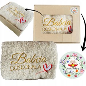 PREZENT UPOMINEK na DZIEŃ BABCI kremowy RĘCZNIK z HAFTEM pudełko naklejka