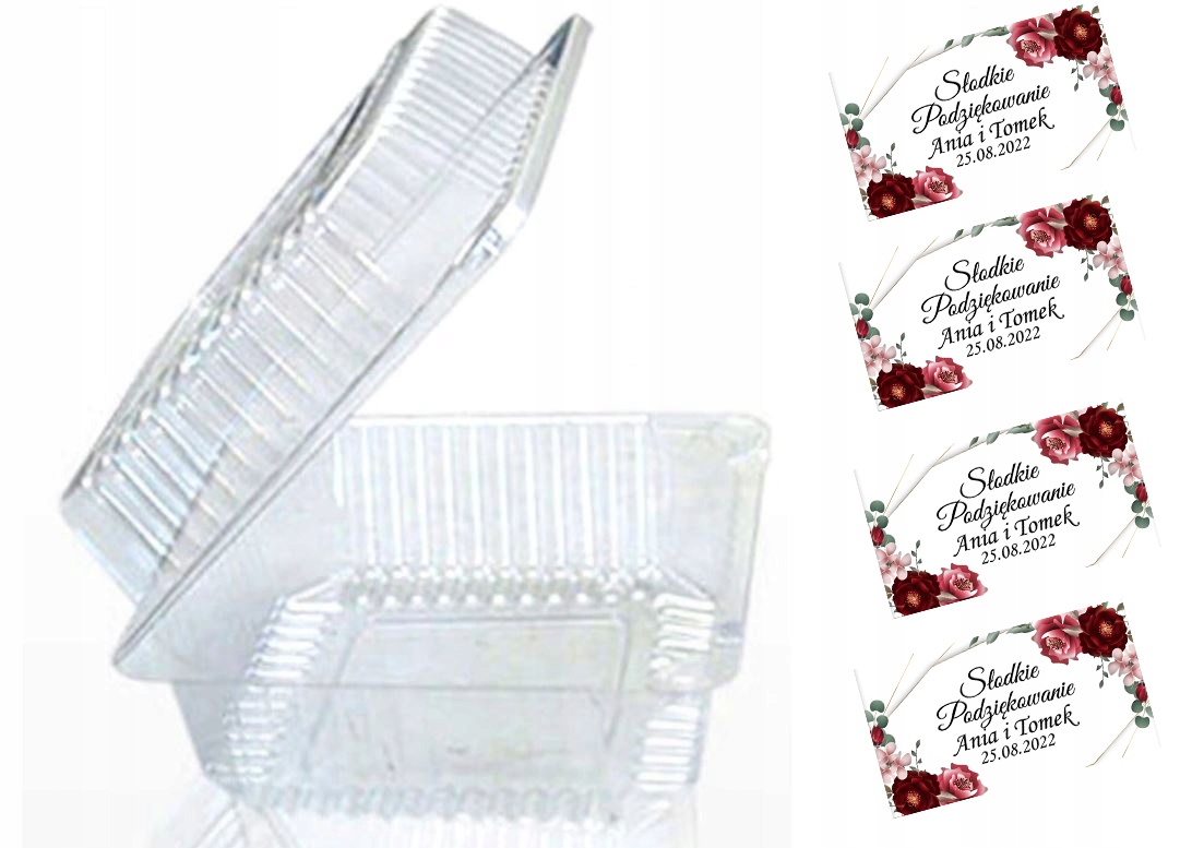 Etykiety naklejki na ciasto + pudełka plastikowe