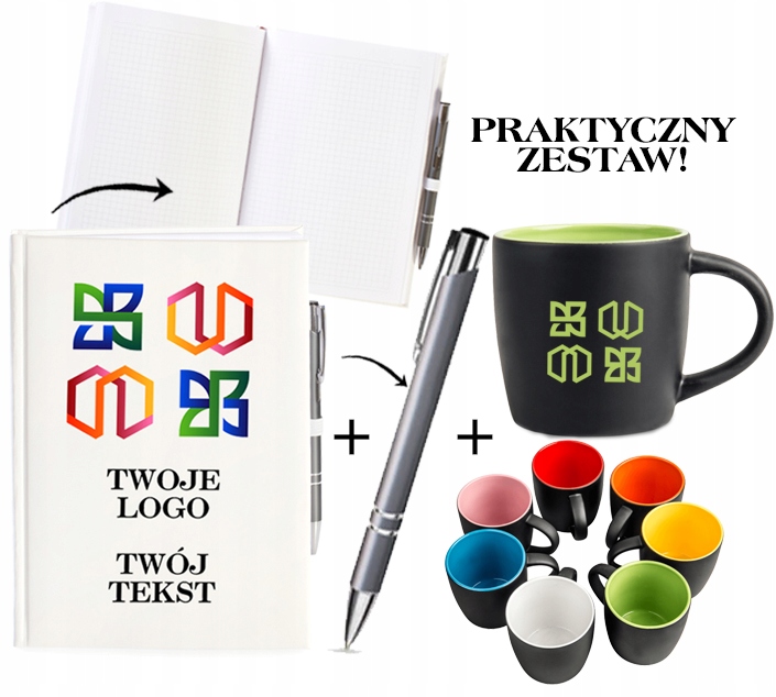 PREZENT FIRMOWY REKLAMOWY zestaw NOTES KUBEK czarny TWOJE LOGO TWÓJ TEKST