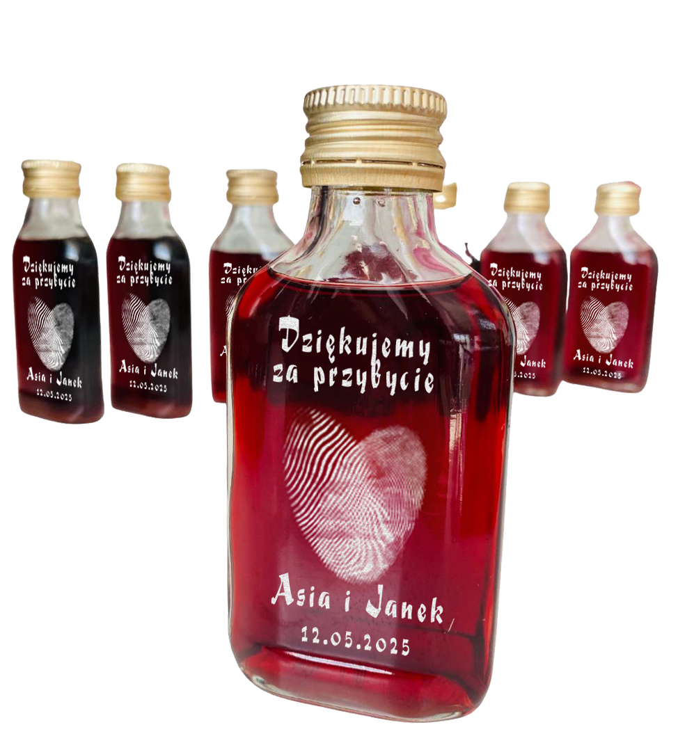 10 x BUTELKA PIERSIÓWKA Z GRAWEREM 10szt PODZIĘKOWANIE DLA GOŚCI NA WESELE 100ml