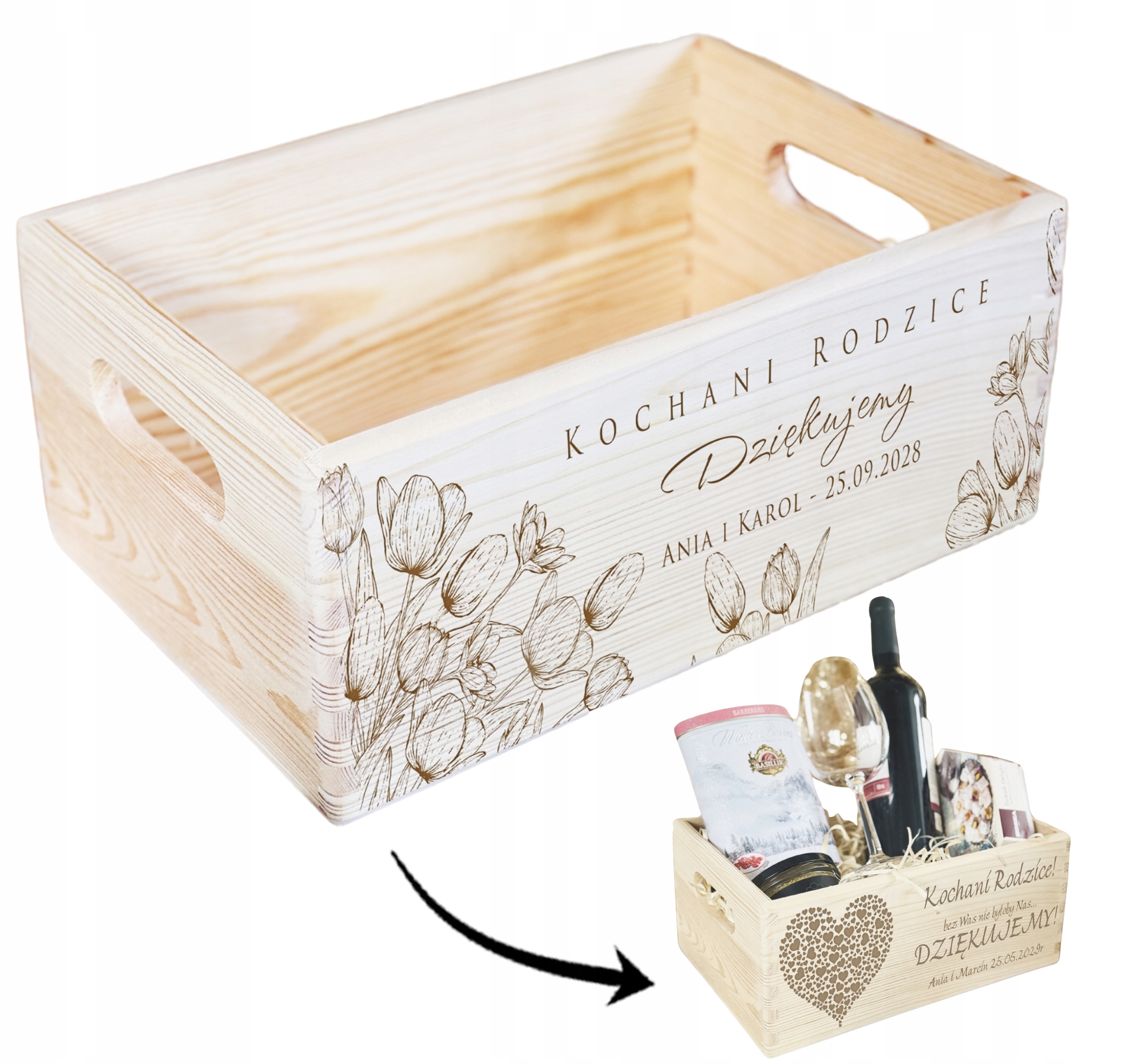 SKRZYNKA Kosz PODZIĘKOWANIA DLA RODZICÓW naturalne drewno GRAWER IMIONA M