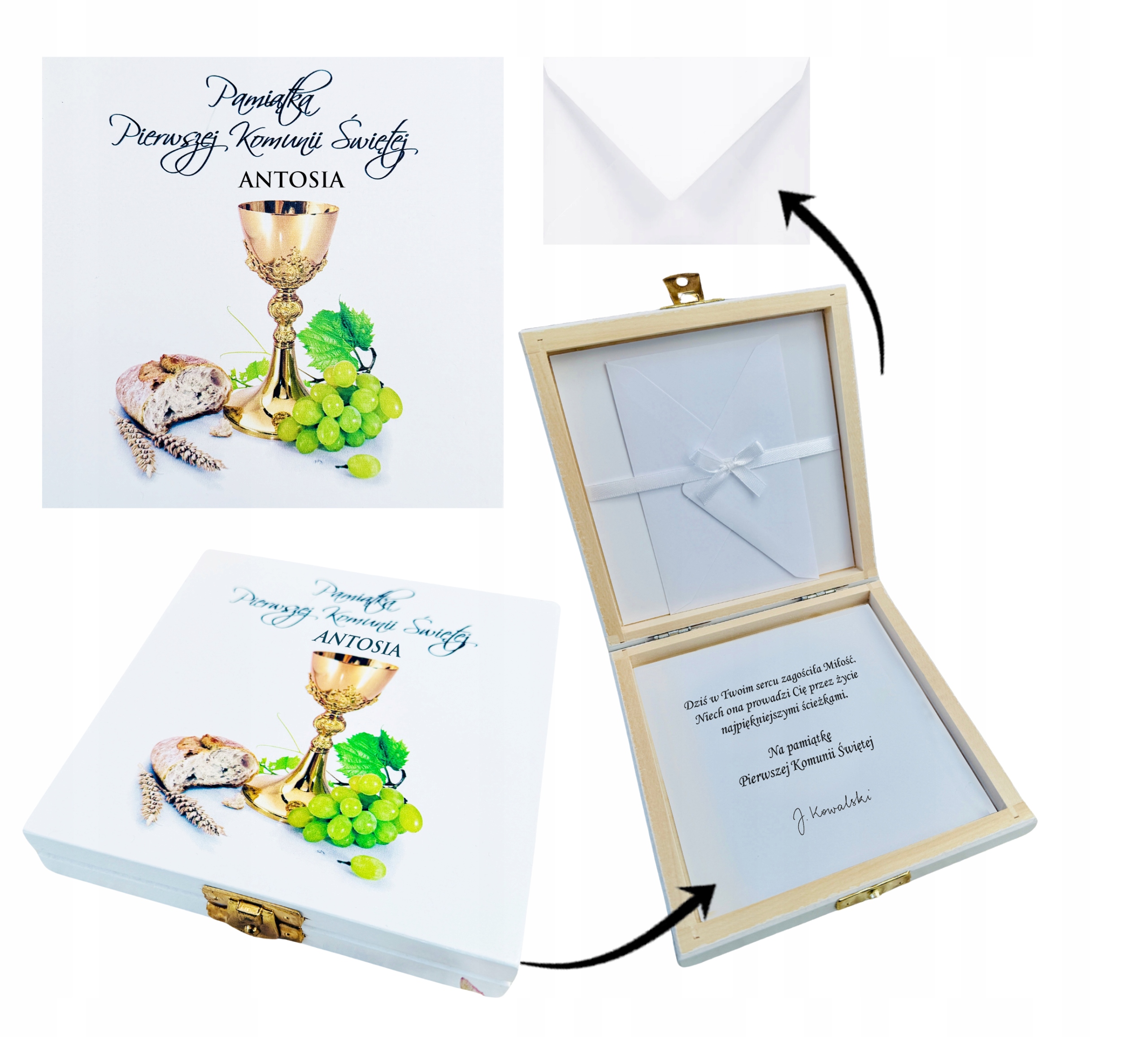 PAMIĄTKA I Komunii Świętej SZKATUŁKA z nadrukiem życzeniami IMIĘ wzory
