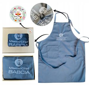 PREZENT UPOMINEK na DZIEŃ BABCI fartuch PREMIUM szary w pudełku z naklejką
