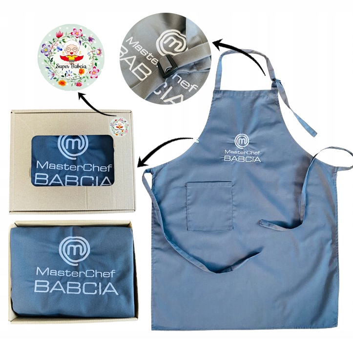 PREZENT UPOMINEK na DZIEŃ BABCI fartuch PREMIUM szary w pudełku z naklejką
