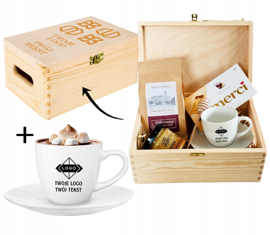 PREZENT FIRMOWY W SKRZYNI KAWA CZEKOLADA FILIŻANKA GRAWER TWOJE LOGO TEKST