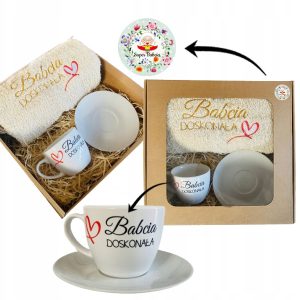 PREZENT UPOMINEK na DZIEŃ BABCI ręcznik z haftem + filiżanka serce ZESTAW