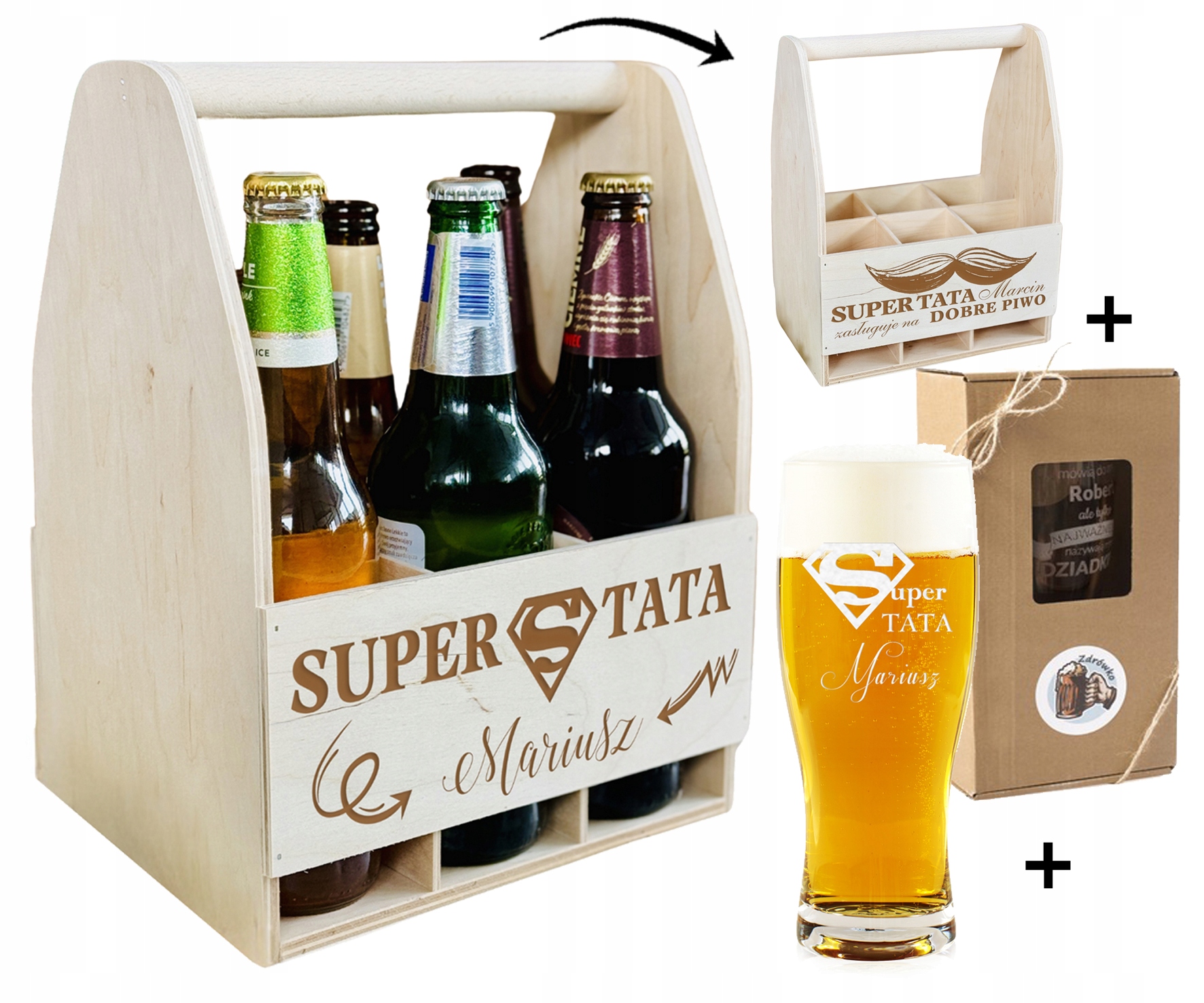 PREZENT upominek Na DZIEŃ TATY zestaw GRAWEROWANY SKRZYNKA NA PIWO + KUFEL