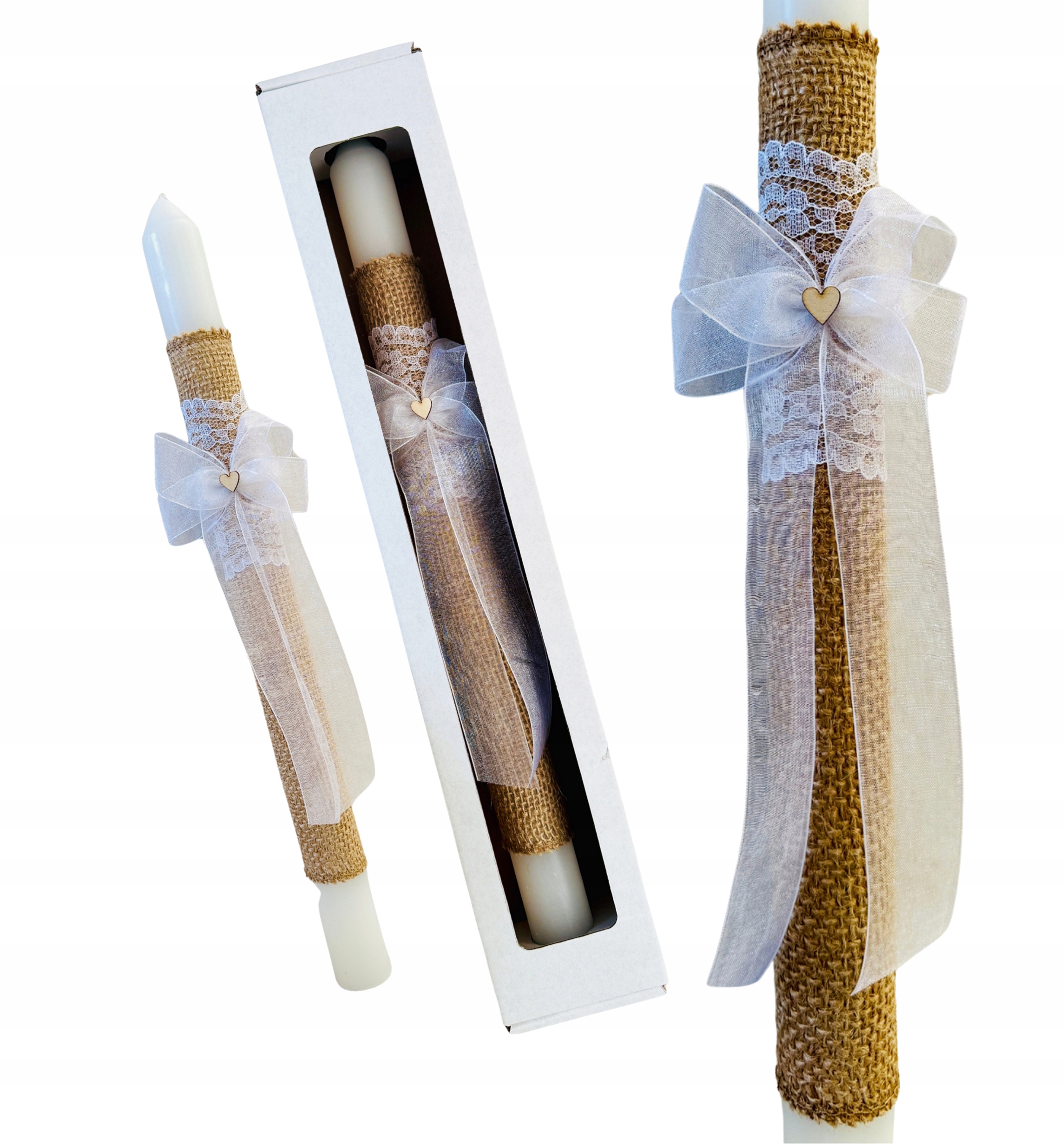 Świeca do CHRZTU GROMNICA na komunię ręcznie zdobiona juta serce 40cm