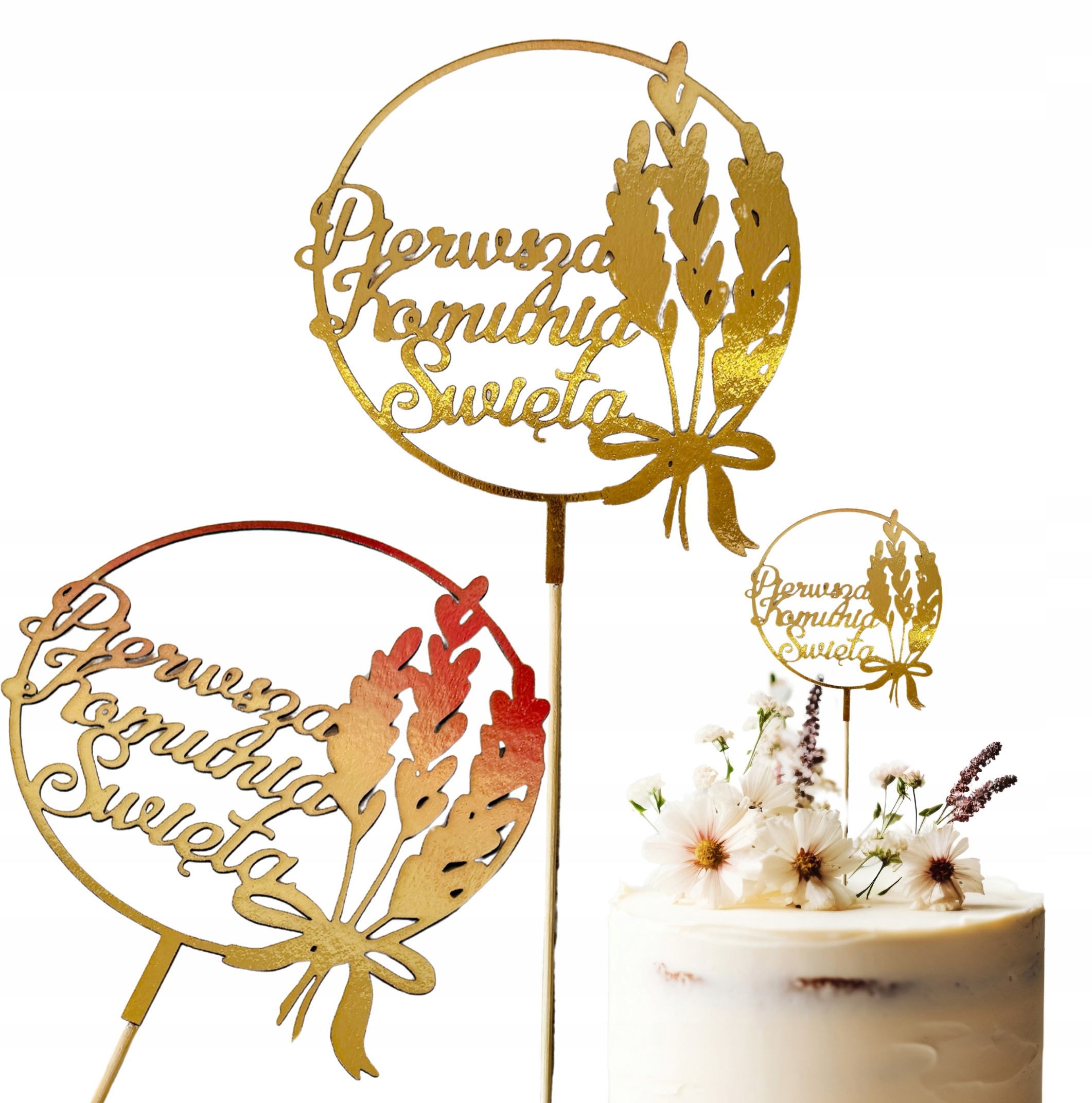 TOPPER toper złoty dekoracja na tort Pierwsza KOMUNIA Święta okrągły zboże