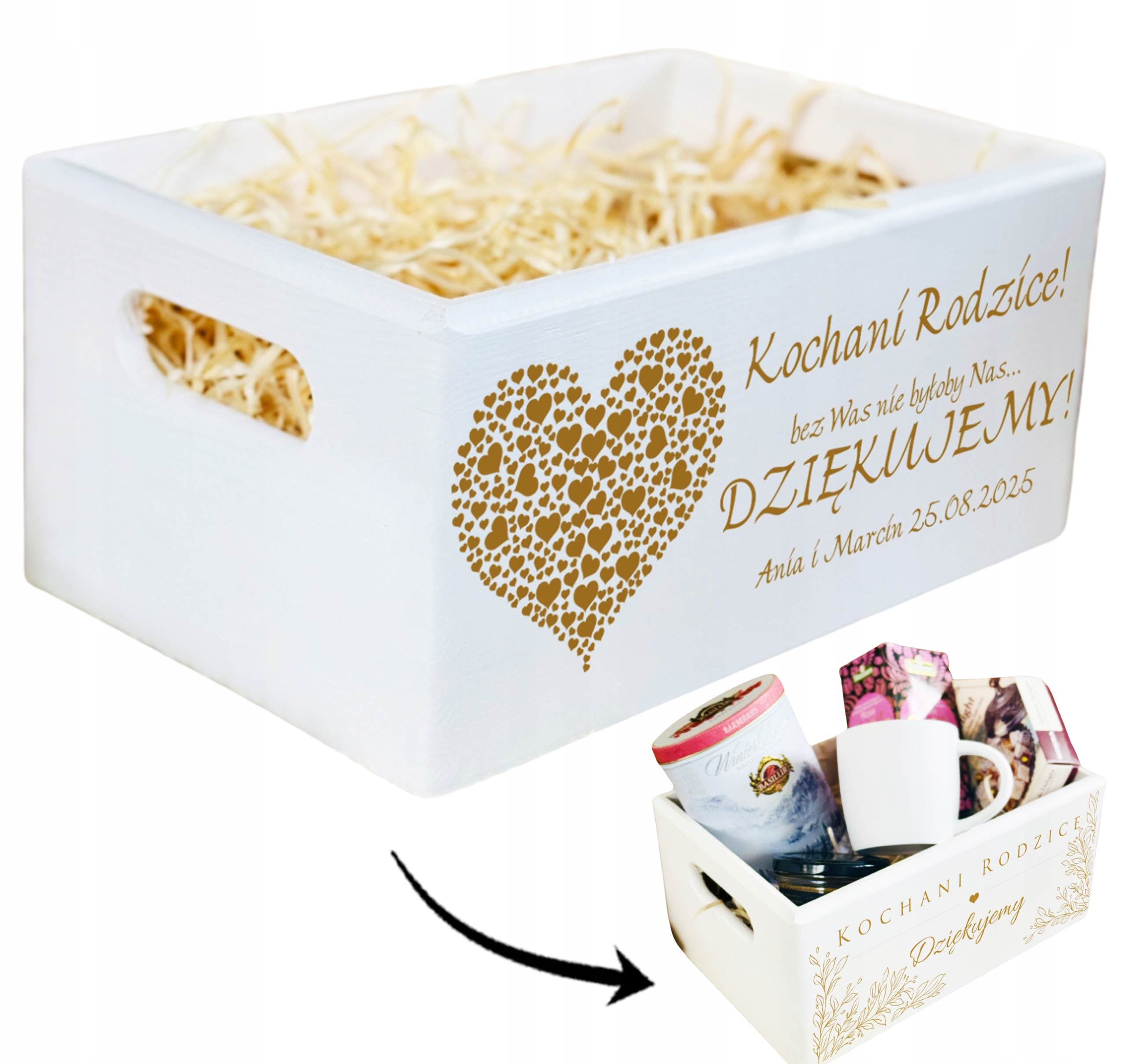 SKRZYNKA Kosz drewniana biała PODZIĘKOWANIA DLA RODZICÓW z grawerem IMIONA