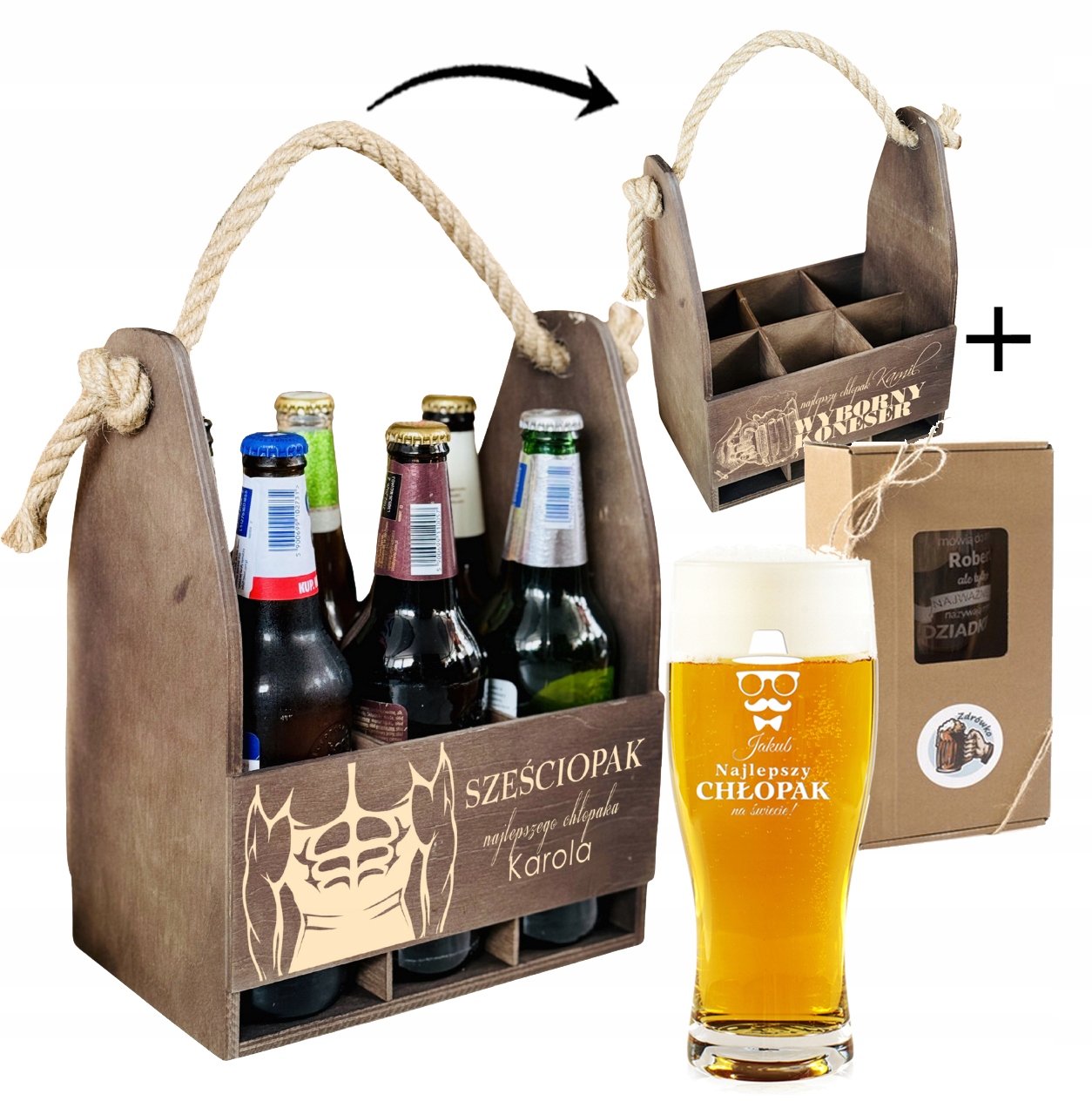 UPOMINEK prezent na DZIEŃ CHŁOPAKA SKRZYNKA NA PIWO bejca + KUFEL + GRAWER