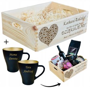 SKRZYNKA Kosz PODZIĘKOWANIA DLA RODZICÓW naturalna XL KUBKI czarne + GRAWER