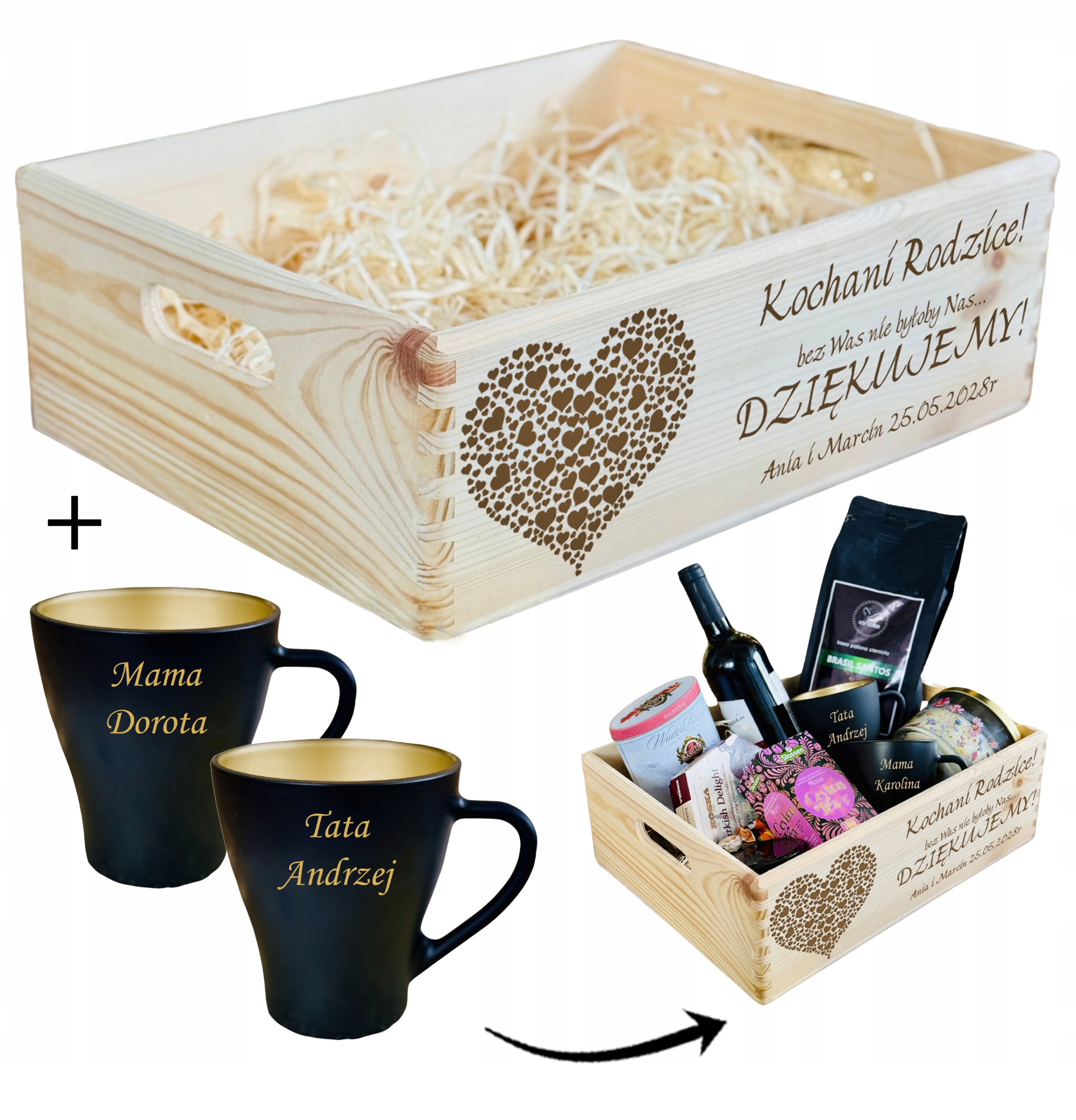SKRZYNKA Kosz PODZIĘKOWANIA DLA RODZICÓW naturalna XL KUBKI czarne + GRAWER