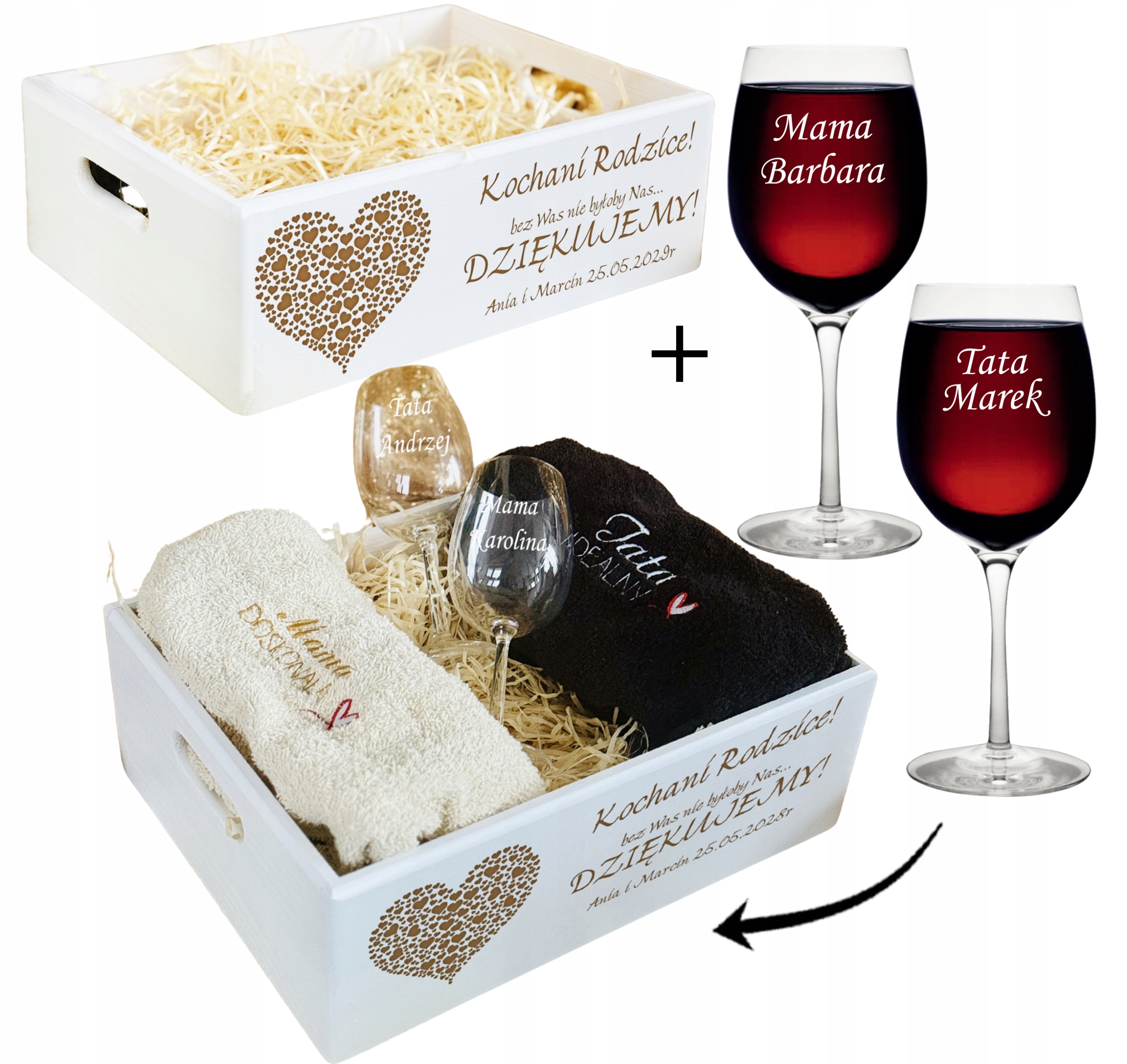 ZESTAW UPOMINKOWY dla RODZICÓW DUŻY biała SKRZYNIA + ręczniki i kieliszki