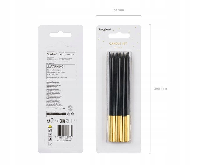 Świeczki urodzinowe czarny złoty 14cm 12 szt