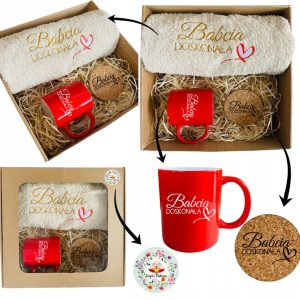 PREZENT UPOMINEK na DZIEŃ BABCI ręcznik haft kubek podkładka ZESTAW serce