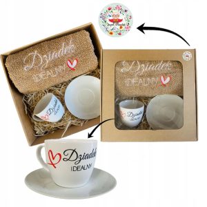 PREZENT UPOMINEK na DZIEŃ DZIADKA ręcznik brązowy z haftem filiżanka ZESTAW