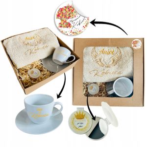 PREZENT UPOMINEK na DZIEŃ KOBIET MAMY ręcznik z haftem skrzydła + filiżanka