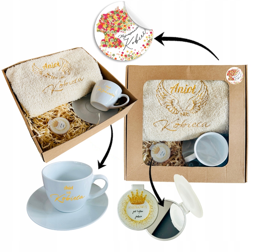 PREZENT UPOMINEK na DZIEŃ KOBIET MAMY ręcznik z haftem skrzydła + filiżanka