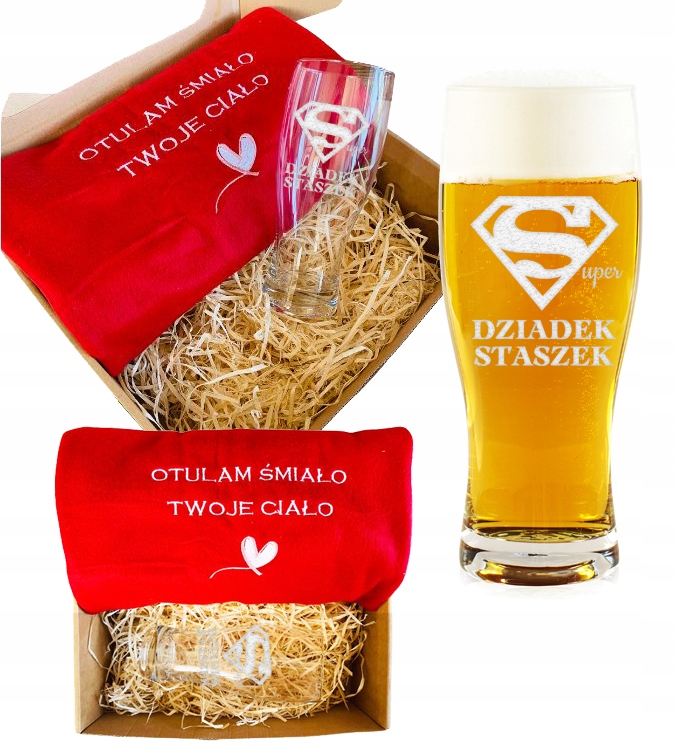 ZESTAW KOC z haftem i KUFEL do piwa grawerowany na Dzień Dziadka prezent
