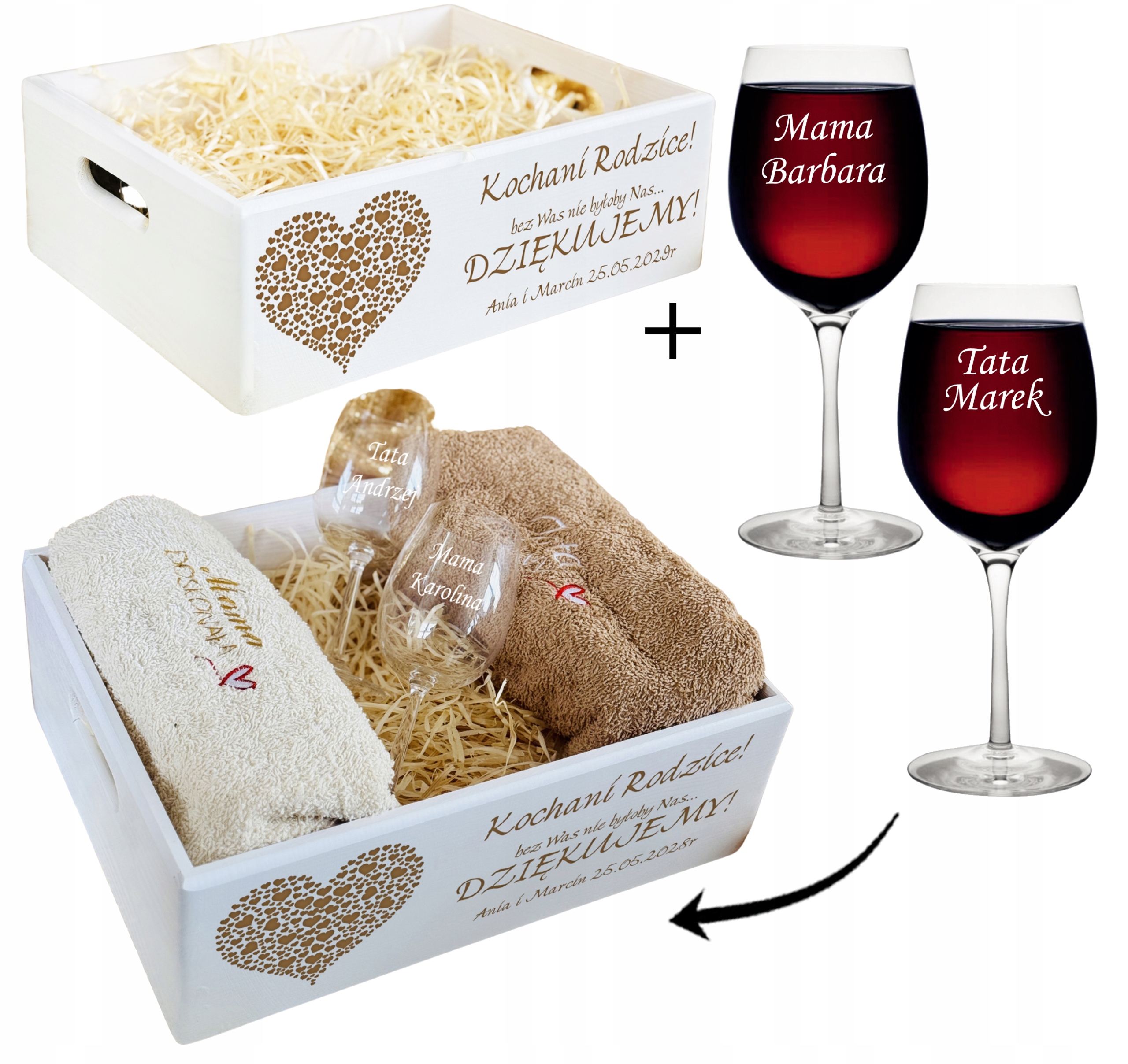 ZESTAW dla RODZICÓW prezent BIAŁA SKRZYNIA XXL + ręczniki i kieliszki IMIĘ
