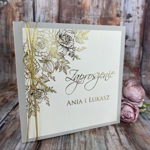 Złocone zaproszenie ślubne - wzór 1 - ze złotym sznurkiem