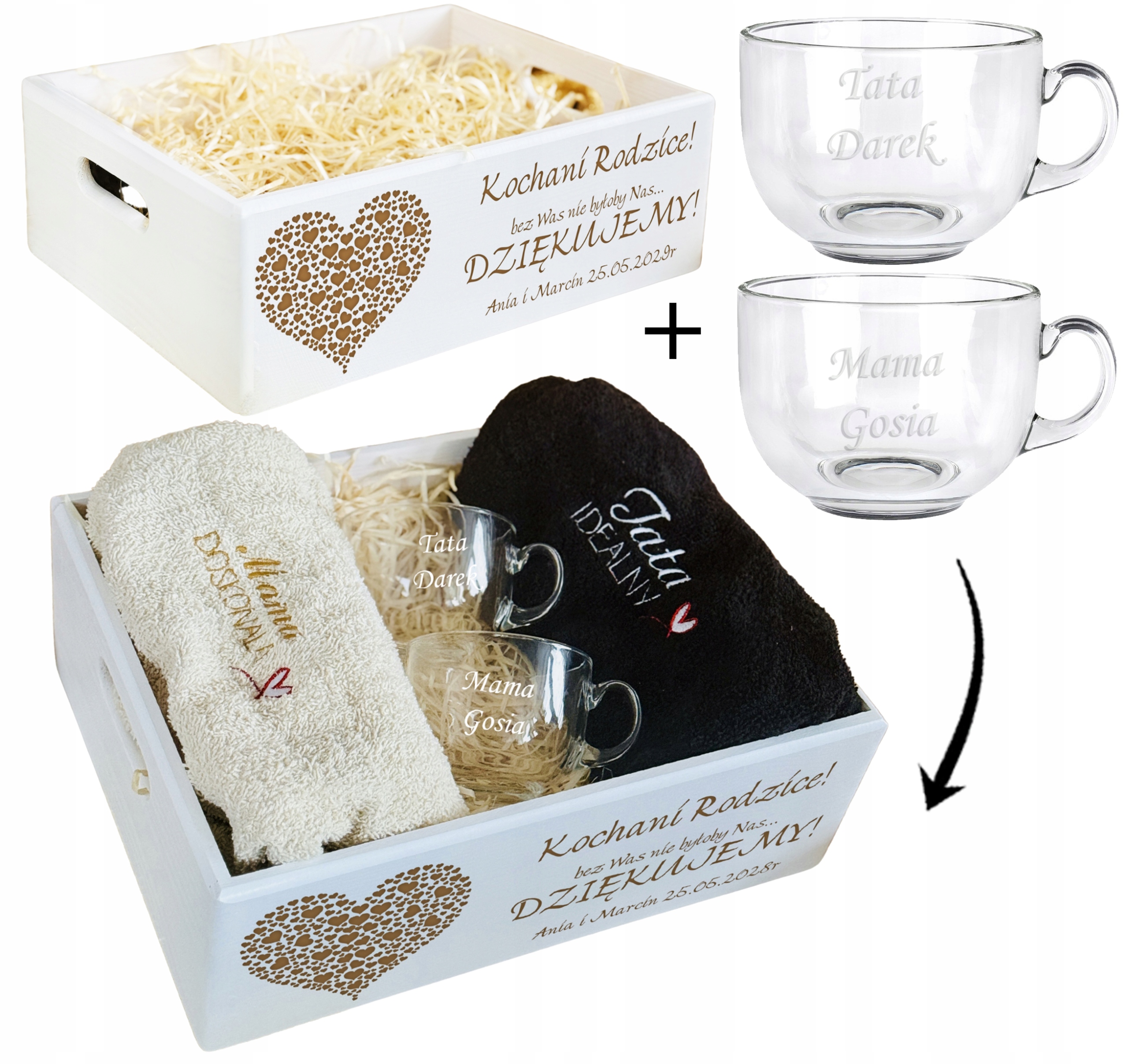 ZESTAW UPOMINKOWY dla RODZICÓW DUŻY biała SKRZYNIA + ręczniki i filiżanki