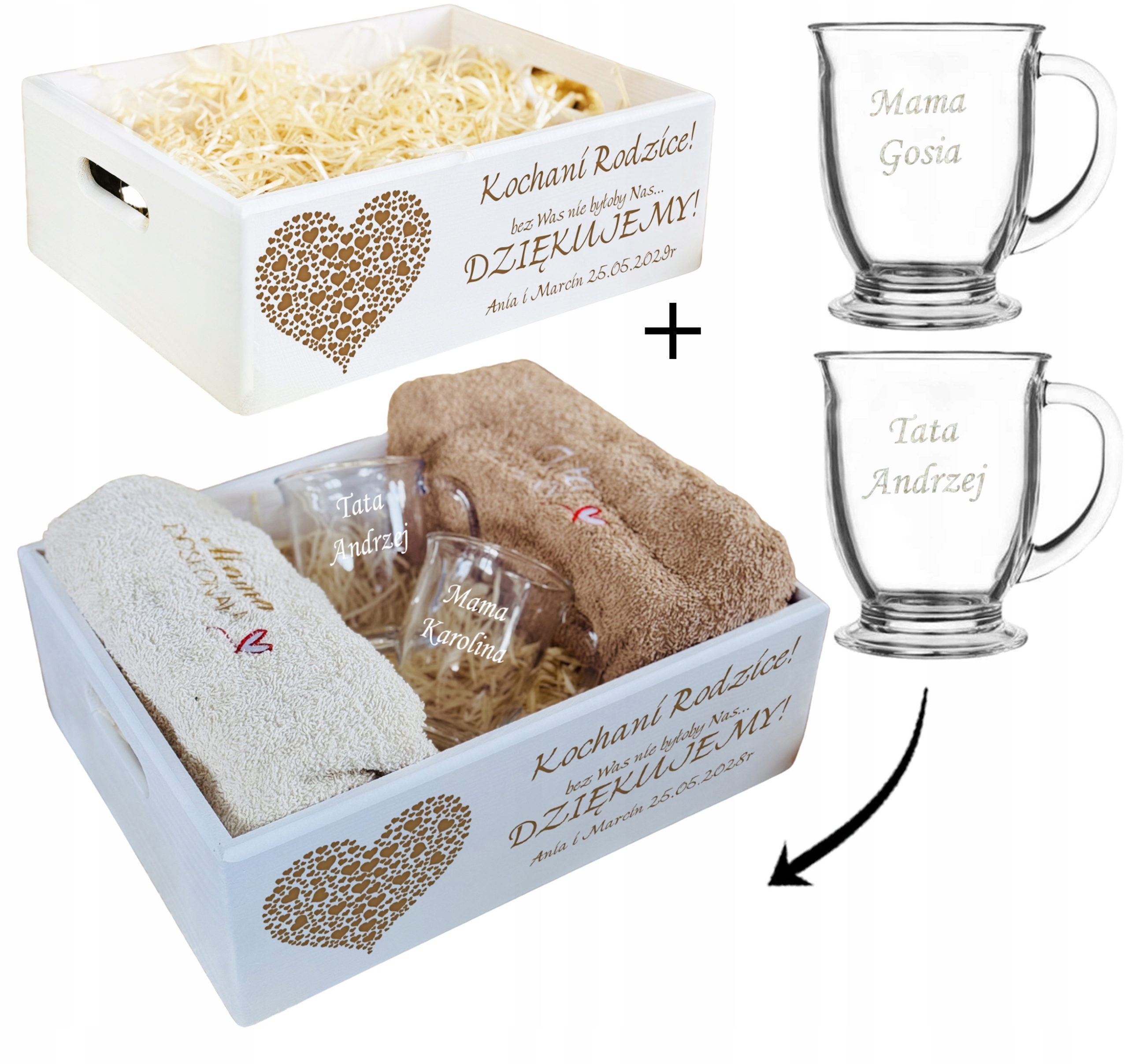 ZESTAW dla RODZICÓW prezent BIAŁA SKRZYNIA XXL + ręczniki i kubki szklane