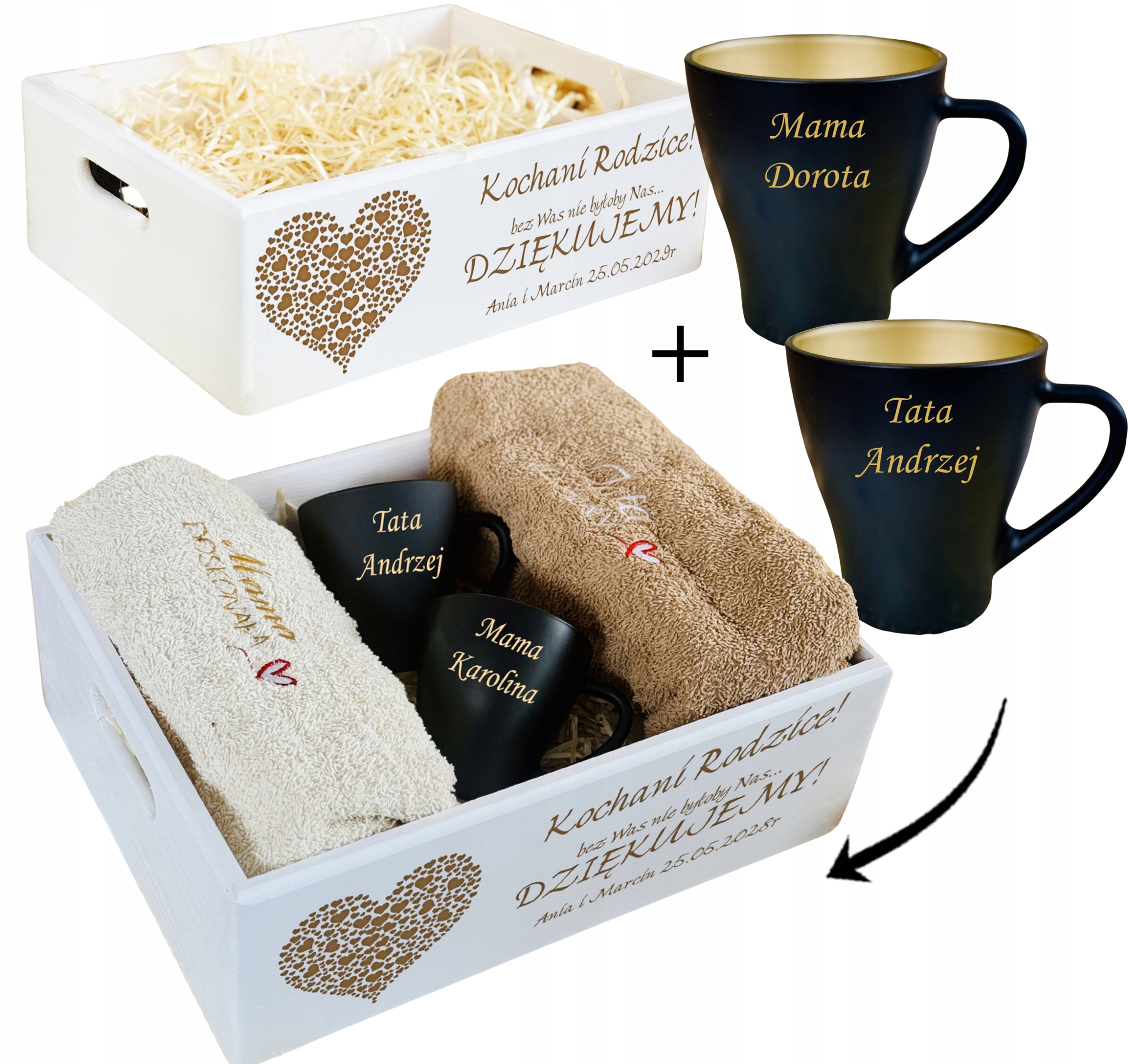 ZESTAW UPOMINKOWY dla RODZICÓW DUŻY biała SKRZYNIA + ręczniki kubki czarne