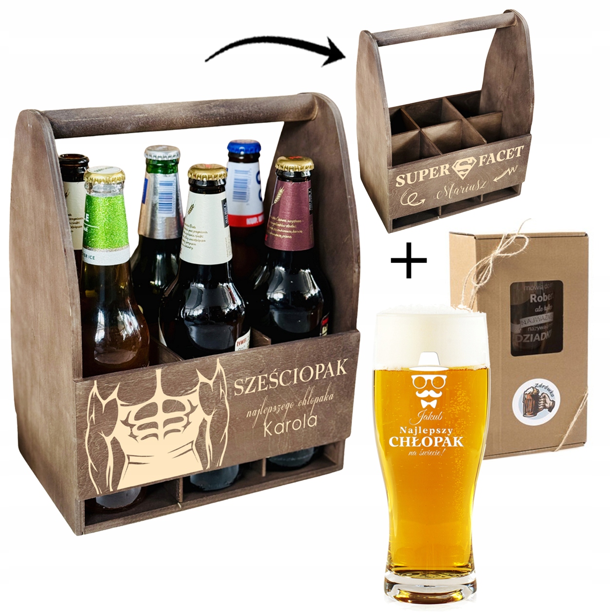 PREZENT upominek Na DZIEŃ CHŁOPAKA SKRZYNKA NA PIWO bejca + KUFEL + GRAWER