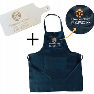 PREZENT UPOMINEK na DZIEŃ BABCI fartuch czarny basic + deska z grawerem