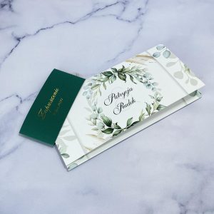 Zaproszenie Ślubne, zieleń z dodatkiem złota z opaską