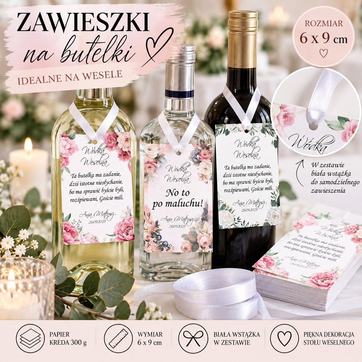 Zawieszki na Butelki na Wesele Personalizowane Ozdoby na Alkohol Ślub 16 sztuk