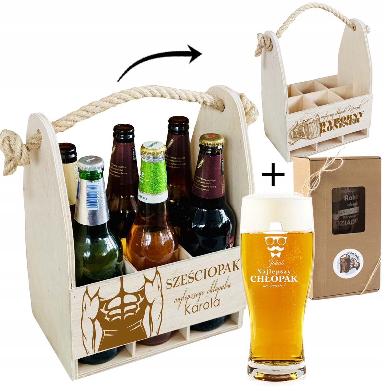 ZESTAW prezent na DZIEŃ CHŁOPAKA upominek SKRZYNKA NA PIWO + KUFEL + GRAWER