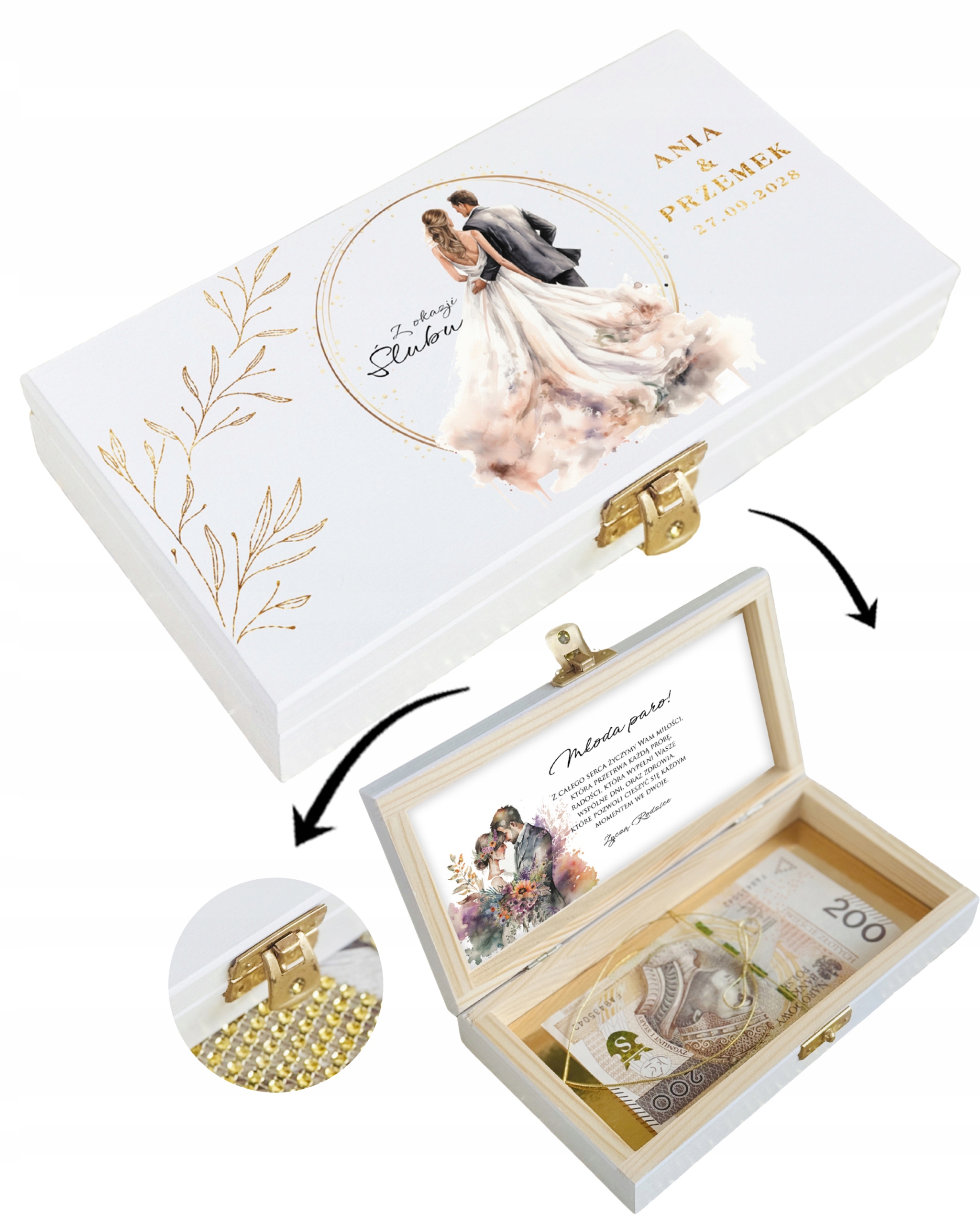 SZKATUŁKA PAMIĄTKA z okazji na pamiątkę ŚLUBU WESELA na BANKNOTY druk WZORY