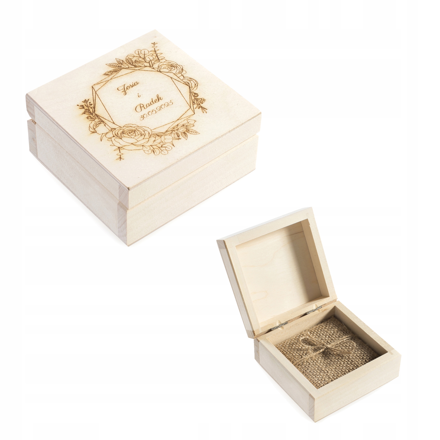 Szkatułka drewniana z grawerem i jutą pod obrączki