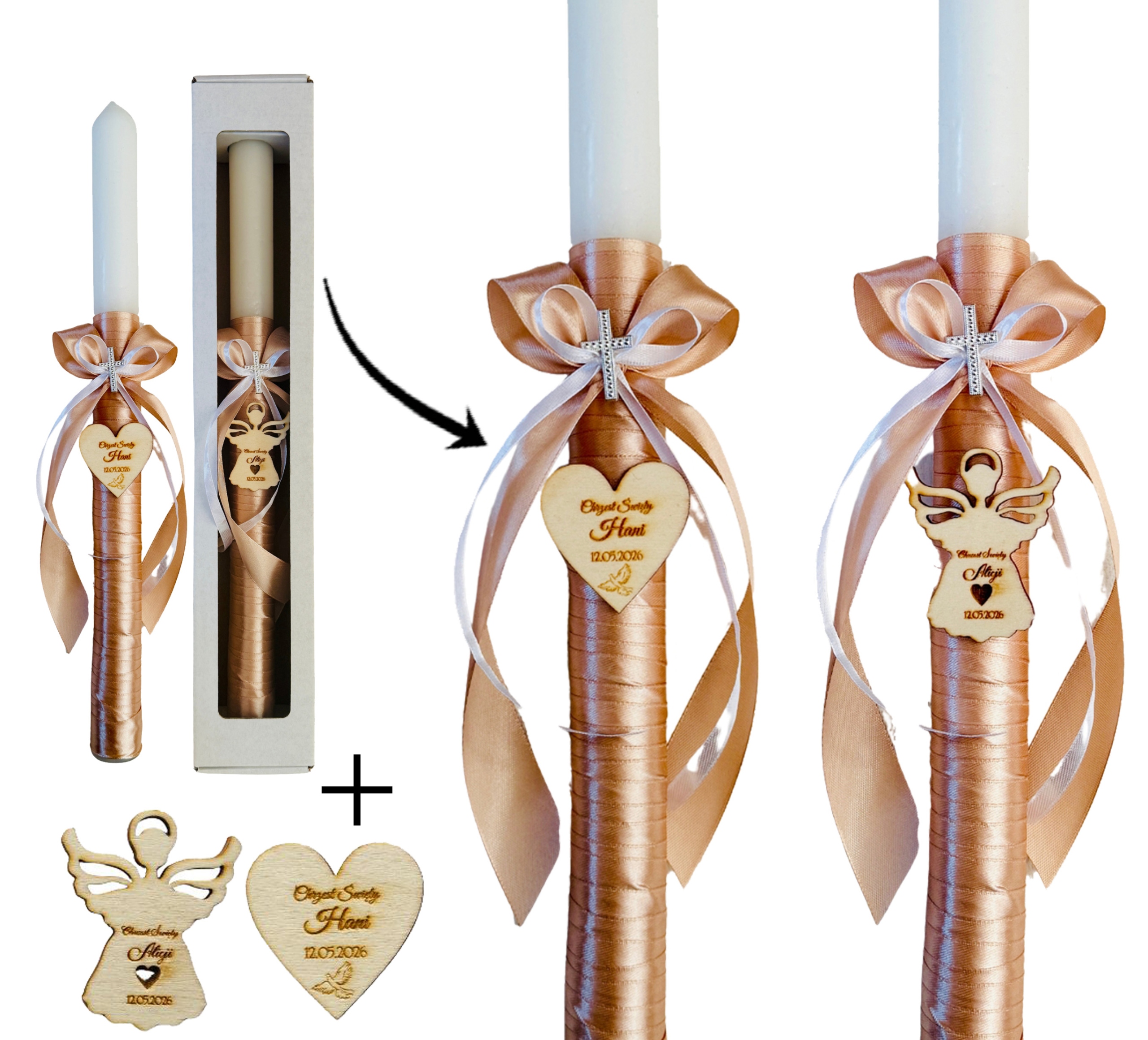 Świeca do CHRZTU GROMNICA na komunię ręcznie zdobiona satyna wzory IMIĘ