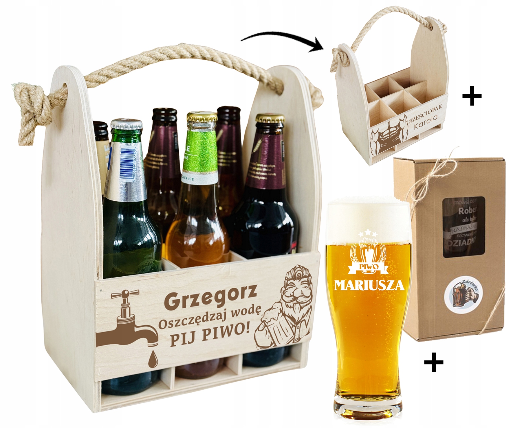 PREZENT na urodziny dla FACETA ZESTAW NOSIDŁO skrzynka na PIWO KUFEL WZORY