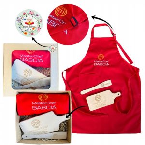 PREZENT UPOMINEK na DZIEŃ BABCI fartuch PREMIUM deska łopatka ZESTAW