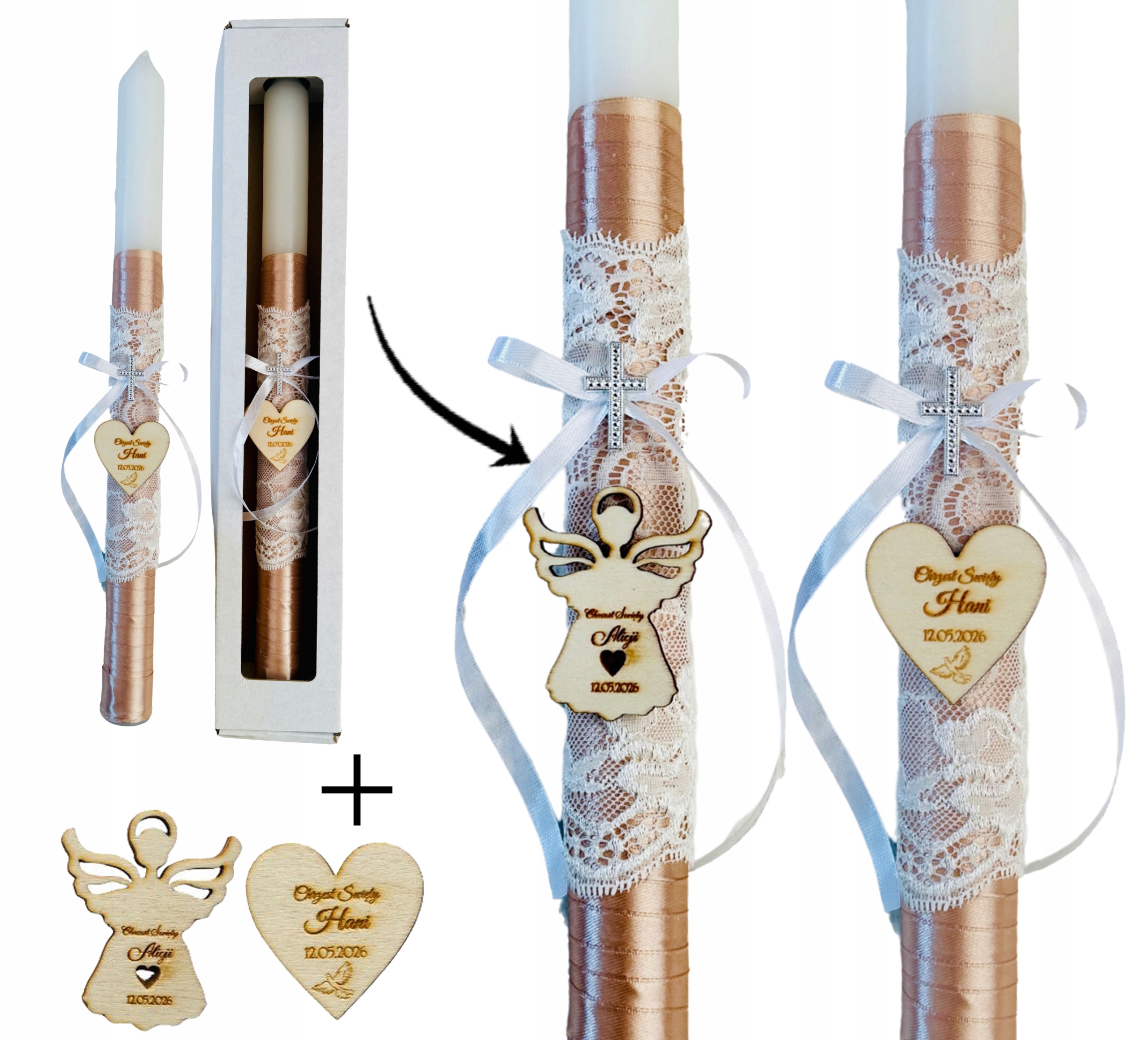 Świeca do CHRZTU GROMNICA na komunię ręcznie zdobiona satyna koronka IMIĘ