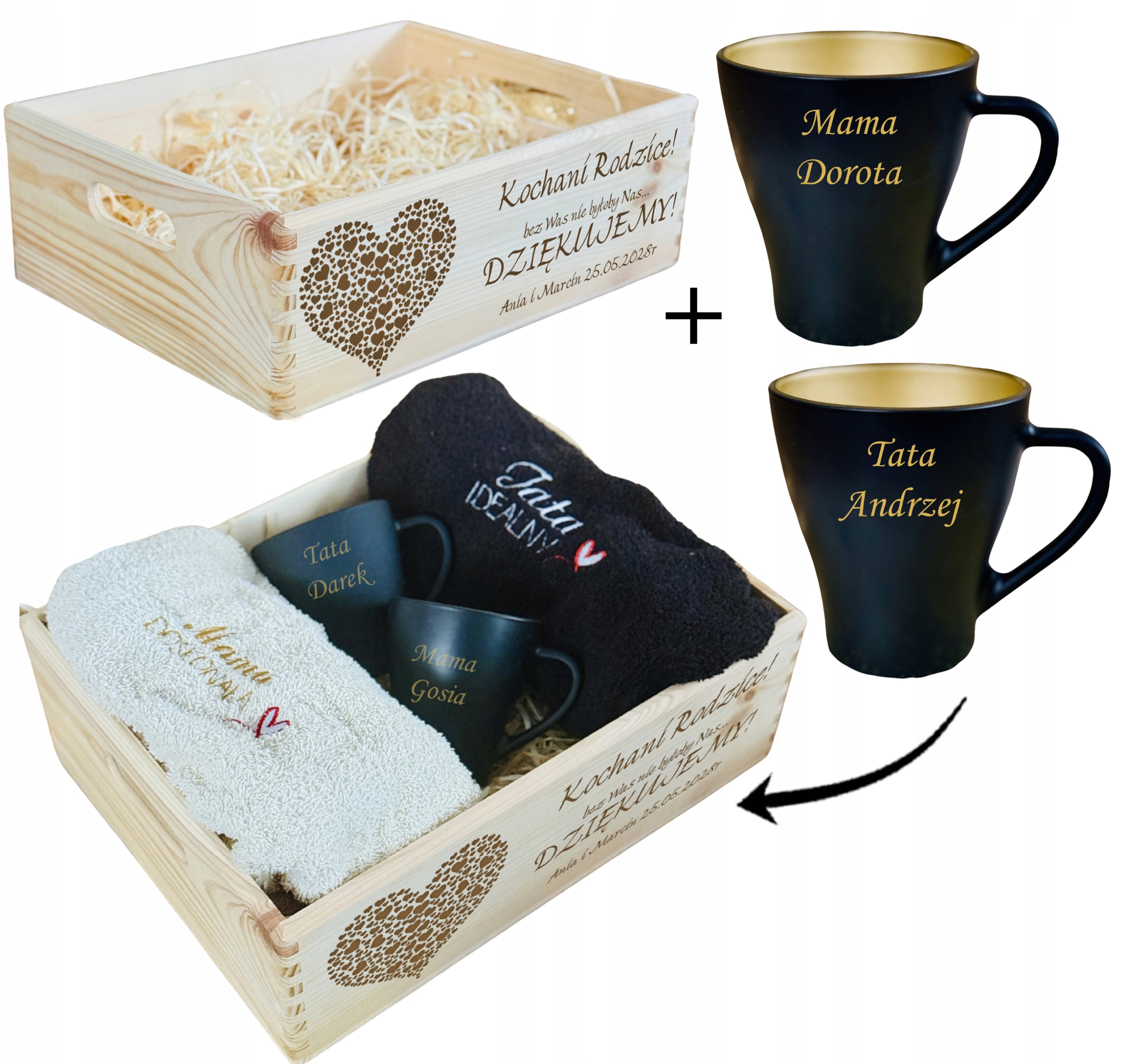 ZESTAW UPOMINKOWY dla RODZICÓW duży SKRZYNIA ręczniki kubki czarne + GRAWER