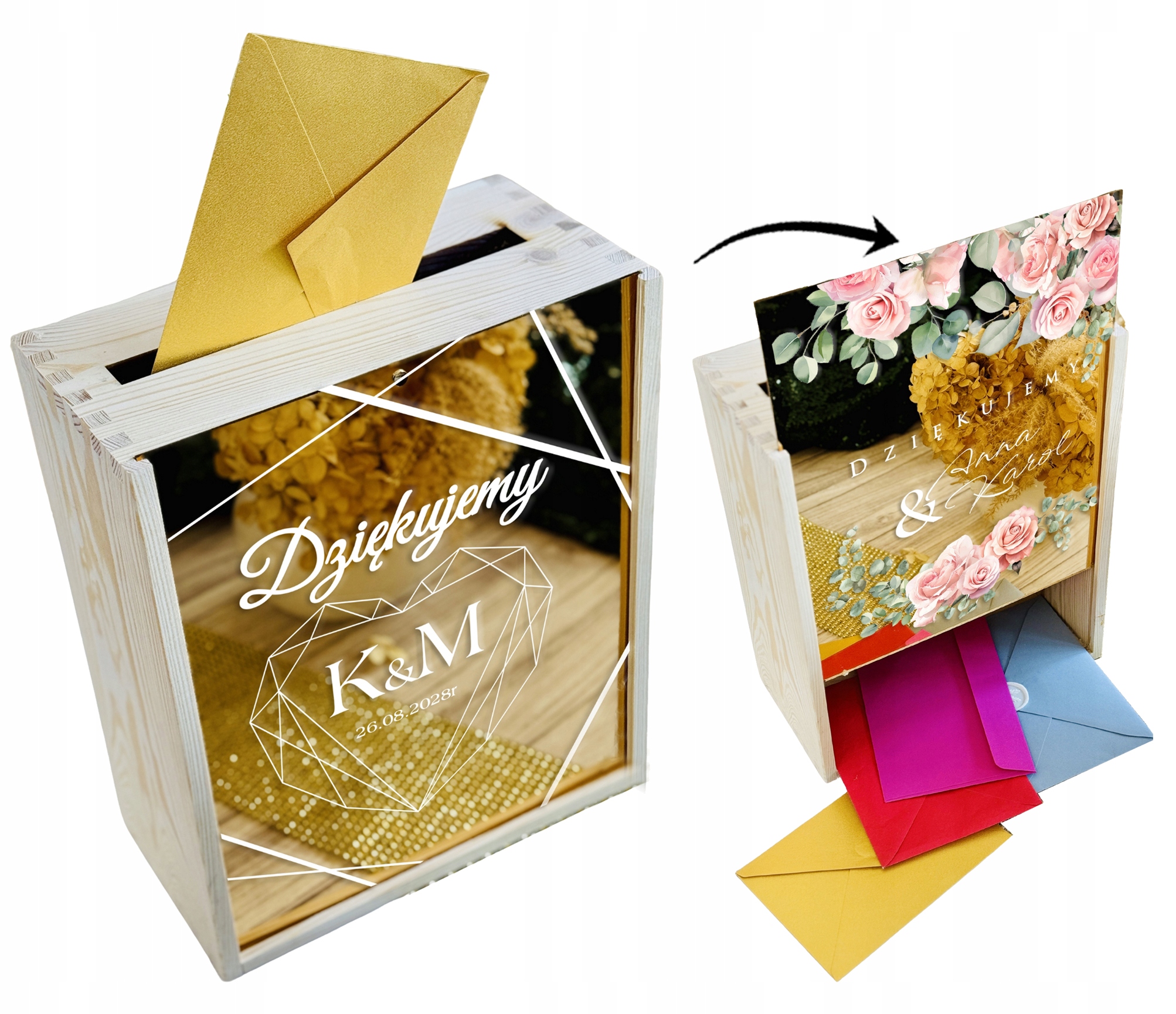 Skrzynka PUDEŁKO NA KOPERTY ŚLUB wesele życzenia ZŁOTA PLEKSA IMIONA nadruk