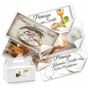 Naklejki etykiety na ciasto PIERWSZA KOMUNIA podziękowanie komunijne