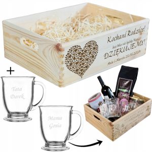 SKRZYNKA Kosz PODZIĘKOWANIA DLA RODZICÓW naturalna XL KUBKI szklane GRAWER