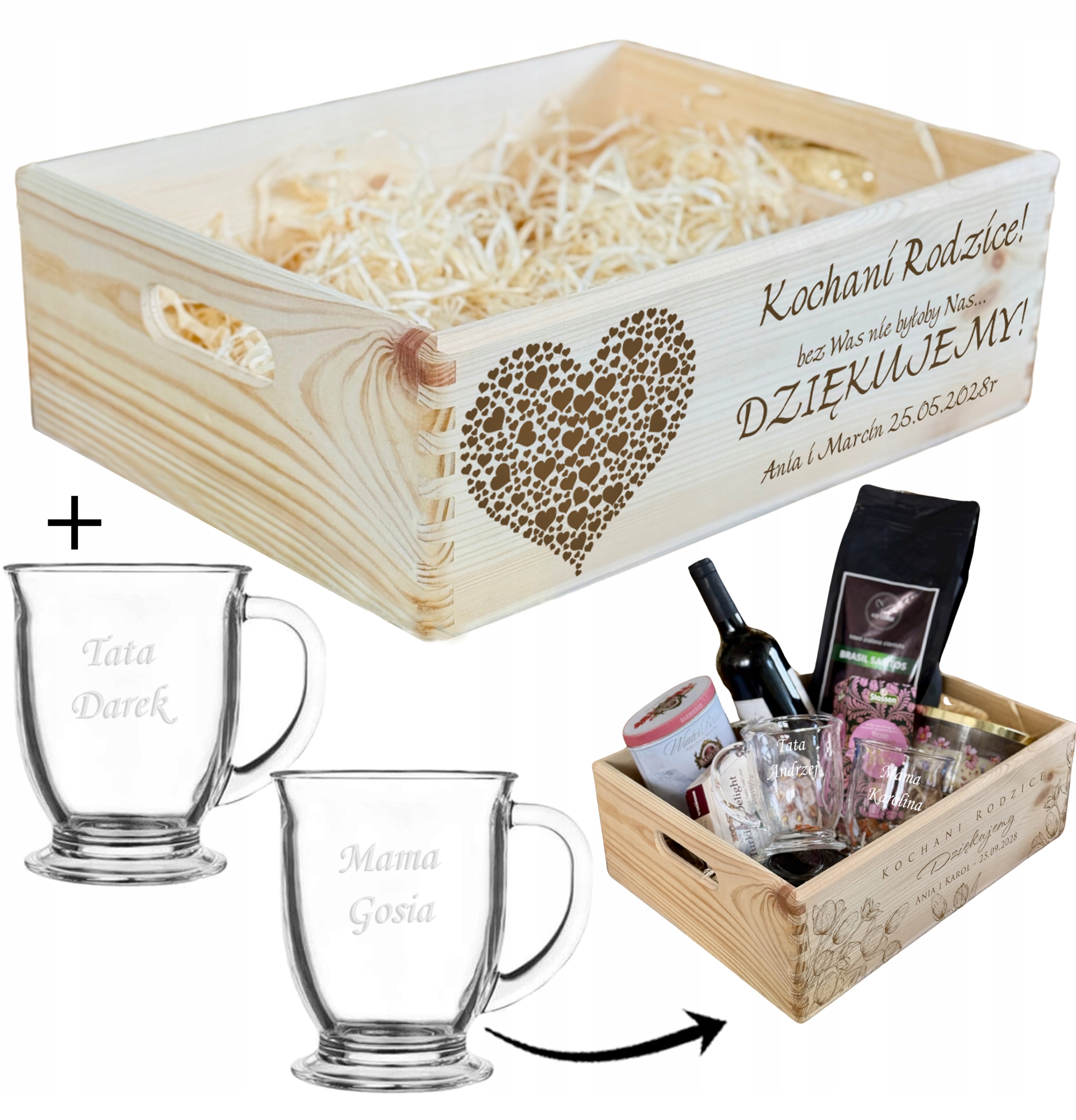 SKRZYNKA Kosz PODZIĘKOWANIA DLA RODZICÓW naturalna XL KUBKI szklane GRAWER