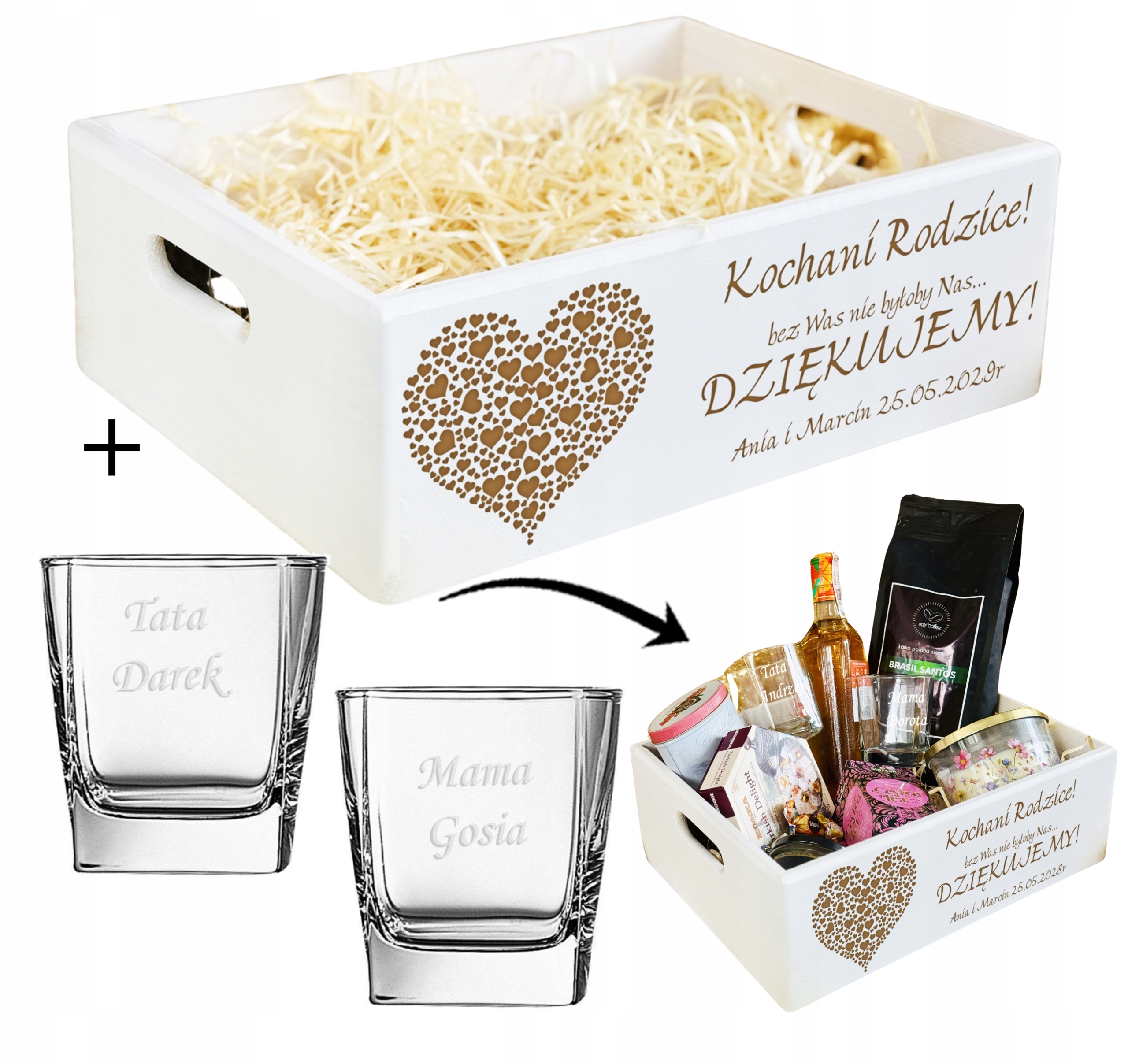 SKRZYNKA Kosz PODZIĘKOWANIA DLA RODZICÓW biała XL + SZKLANKI WHISKY + IMIĘ
