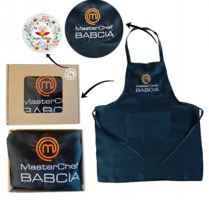 PREZENT UPOMINEK na DZIEŃ BABCI fartuch czarny basic w pudełku + naklejka