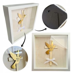 PAMIĄTKA Pierwszej Komunii Świętej upominek RAMKA 3D krzyż i gołębica